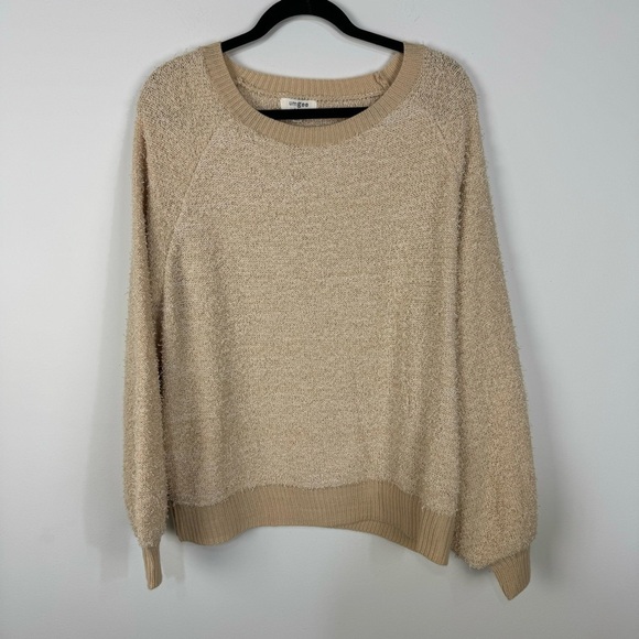 Umgee Eyelash Textured Tan Crewneck Sweater Casual Boho Neutral Bohemian Comfy - Picture 1 of 4